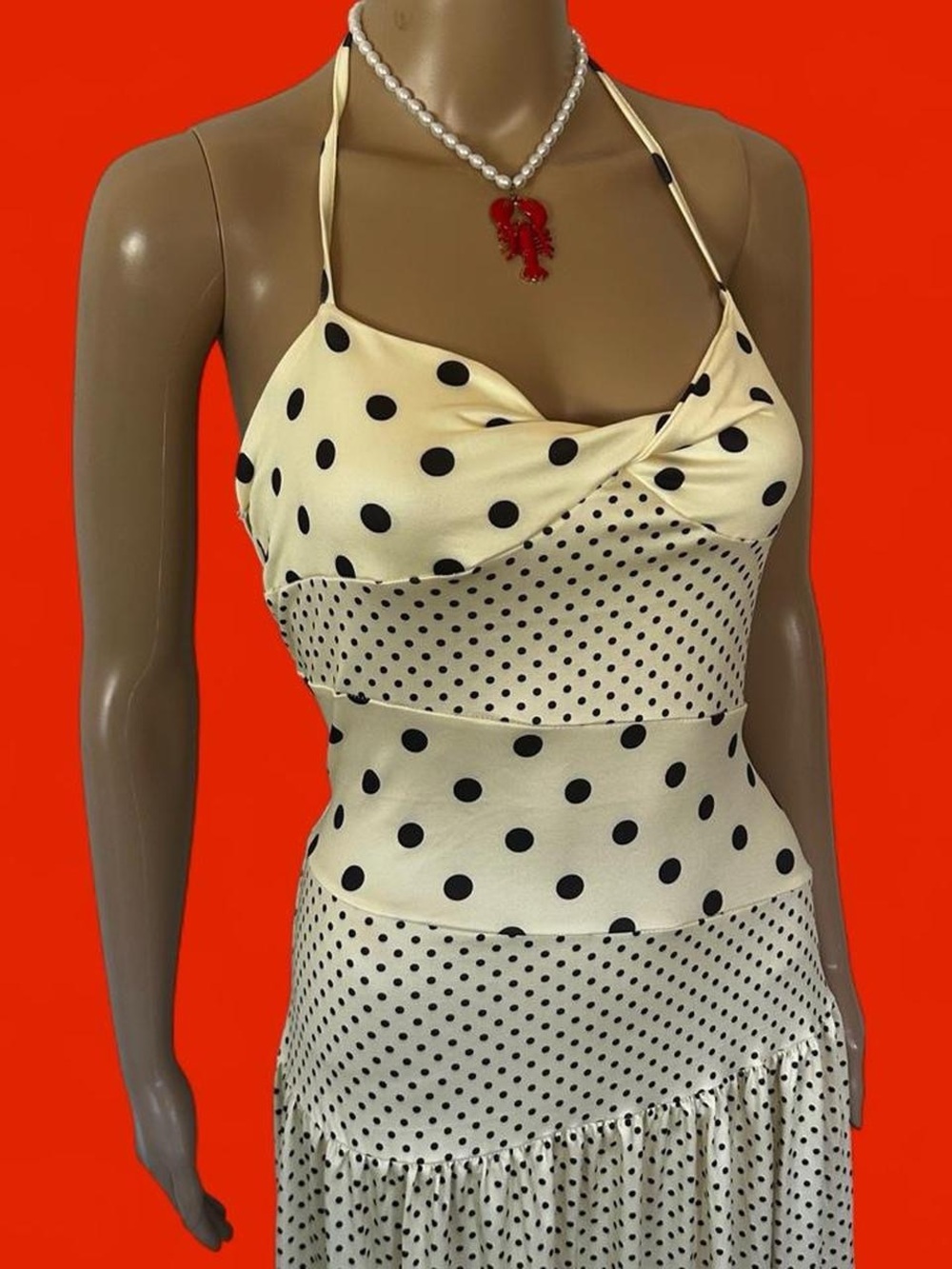 Polka Dot Halter Maxi Dress - Cream with Black Dots - Picture 3 of 4